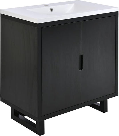 Favfurish 30" Bathroom Vanity with Resin Sink,Undermount Single Basin Bath Vanity Set w/2 Soft Closing Doors,Transitional Freestanding Storage Cabinet,Solid Wood Frame,Black