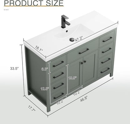 LUCKWIND 48" Modern Bathroom Vanity and Sink, Painted Bathroom Storage Cabinet with Single Resin Sink, Two Doors and Four Drawers, Include Faucet Without Mirror, Green