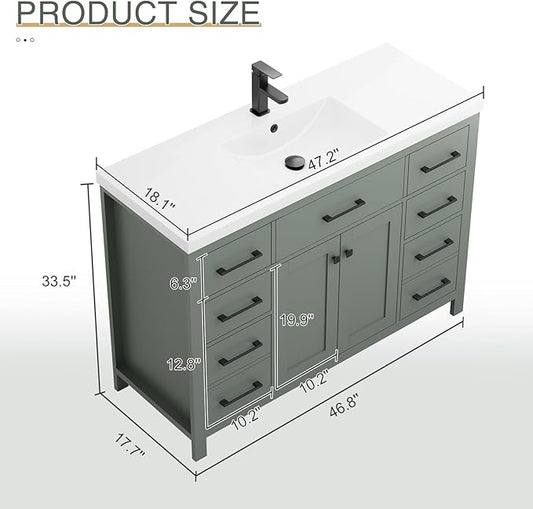 LUCKWIND 48" Modern Bathroom Vanity and Sink, Painted Bathroom Storage Cabinet with Single Resin Sink, Two Doors and Four Drawers, Include Faucet Without Mirror, Green