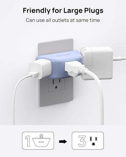 TROND Outlet Extender, 3 Way Angled Wall Plug Splitter, Blue | 3-Prong Grounded Outlet Adapter, Cruise Essentials, Compact and Practical Plug Expander for Home Decoration Travel Essentials