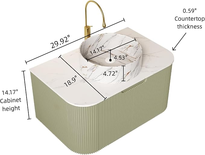 30'' Floating Vanity with Sink Combo, Modern Wall-Mounted Curved Edges Striped Bathroom Storage Cabinet with Soft-Close Drawer and White Stone Pattern Basin, Light Green