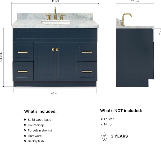Bradford 48-Inch Bathroom Vanity with Sink — Midnight Blue Single Sink Bathroom Vanity, 1.5" Edge Italian Carrara Marble Top, Solid Wood, 2 Soft-Close Doors, 4 Full Extension Dovetail Drawers