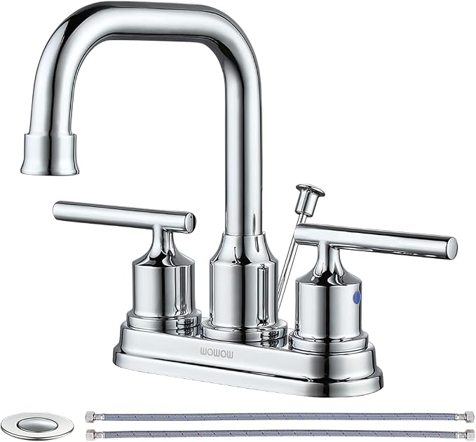WOWOW Chrome 4 Inch Bathroom Sink Faucet Centerset Lift Rod Drain Stopper 2 Handle Lavatory Commercial Contemporary Faucet High Arc Brass Faucets for Bathroom