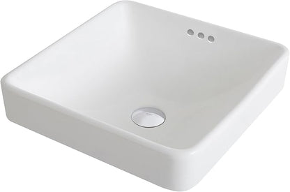 Kraus KCR-281-CH Modern Elavo Ceramic Square Semi-Recessed Bathroom Sink with Overflow and Pop Up Drain, Chrome/White 16.25