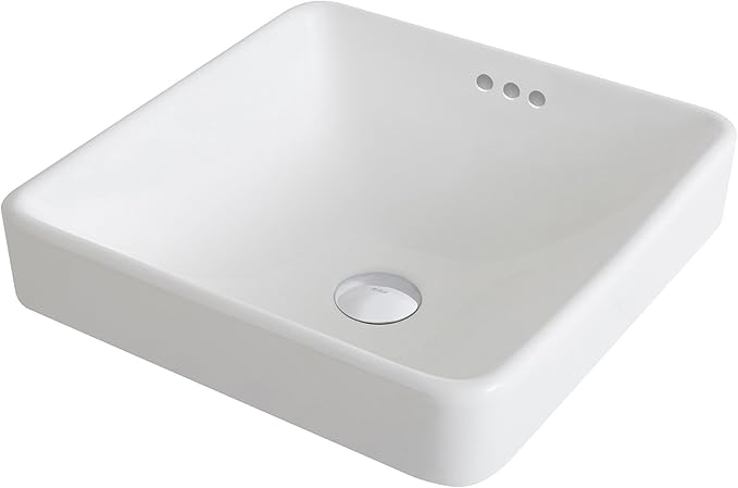 Kraus KCR-281-BN Modern Elavo Ceramic Square Semi-Recessed Bathroom Sink with Overflow and Pop Up Drain, Brushed Nickel/White 16.25