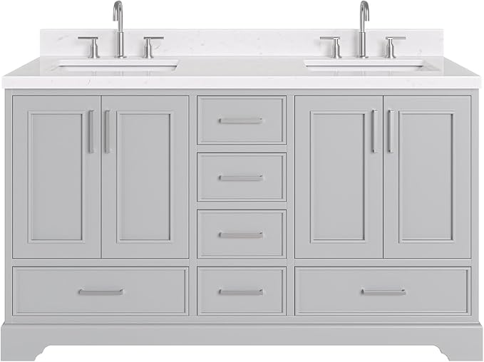 ARIEL Stafford 60-inch Bathroom Vanity with Sink,Solid Wood, 1.5-inch Carrara White Quartz Countertop & Backsplash, Double Rectangular Porcelain Sink, 4 Soft Closing Doors, 6 Dovetail Drawers, Grey