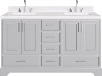 ARIEL Stafford 60-inch Bathroom Vanity with Sink,Solid Wood, 1.5-inch Carrara White Quartz Countertop & Backsplash, Double Rectangular Porcelain Sink, 4 Soft Closing Doors, 6 Dovetail Drawers, Grey