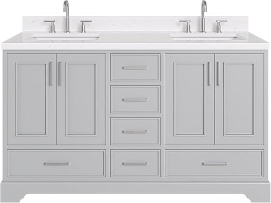 ARIEL Stafford 60-inch Bathroom Vanity with Sink,Solid Wood, 1.5-inch Carrara White Quartz Countertop & Backsplash, Double Rectangular Porcelain Sink, 4 Soft Closing Doors, 6 Dovetail Drawers, Grey
