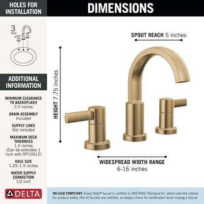 Delta Albion Brushed Gold Bathroom Faucet 3 Hole, 8 Inch Widespread Bathroom Sink Faucet for Vanity, Metal Push-Pop Drain Assembly, Champagne Bronze 35855LF-CZ