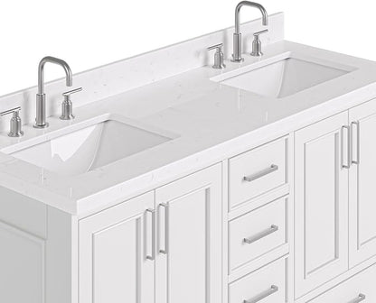 ARIEL Stafford 60-inch Bathroom Vanity with Sink,Solid Wood, 1.5-inch Carrara White Quartz Countertop, Double Rectangular Porcelain Sink, 4 Soft Closing Doors, 6 Dovetail Drawers, Midnight Blue