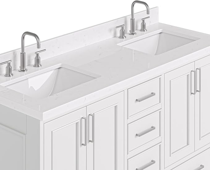 ARIEL Stafford 60-inch Bathroom Vanity with Sink,Solid Wood, 1.5-inch Carrara White Quartz Countertop & Backsplash, Double Rectangular Porcelain Sink, 4 Soft Closing Doors, 6 Dovetail Drawers, Grey