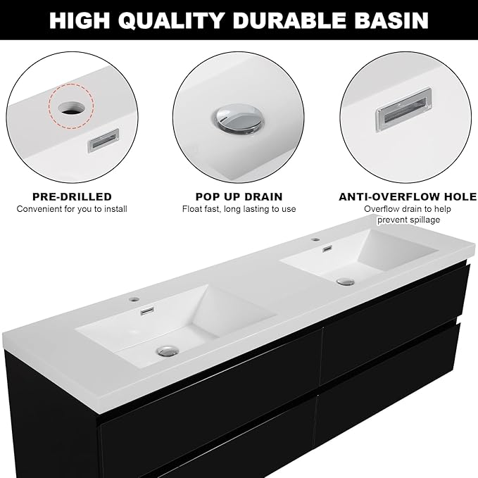 Wall Mounted 72 Inch Bathroom Vanity with Sink, Floating Vanity Bathroom, Double Sink Bathroom Vanity, 4 Drawers, Resin Integrated Sink (Glossy Black)