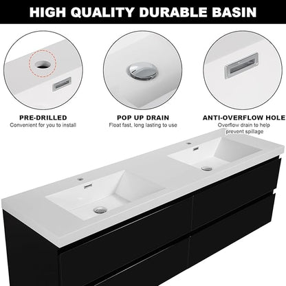 Wall Mounted 72 Inch Bathroom Vanity with Sink, Floating Vanity Bathroom, Double Sink Bathroom Vanity, 4 Drawers, Resin Integrated Sink (Glossy Black)