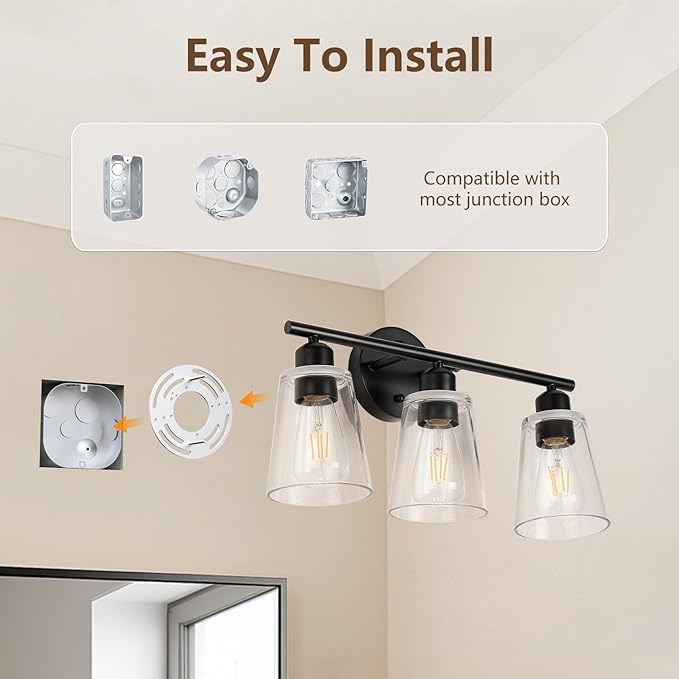 TALOYA 19 Inch Brushed Black Bathroom Light Fixtures with Thickend Clear Tapered Glass Shade, 3-Light Modern Vanity Light Over Mirror for Bathrooms, Bedrooms (Bulbs Not Included)