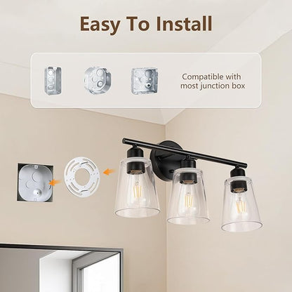 TALOYA 19 Inch Brushed Black Bathroom Light Fixtures with Thickend Clear Tapered Glass Shade, 3-Light Modern Vanity Light Over Mirror for Bathrooms, Bedrooms (Bulbs Not Included)