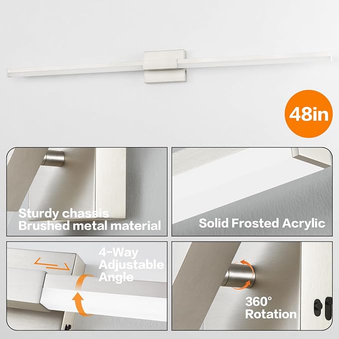 SOLFART Vanity Lighting Fixtures 48-Inch: Brushed Nickel Dimmable Bathroom Light Fixtures Over Mirror, Built-in Dimmer, Thickened Aluminum Body, 360 Degree Rotation, ETL IP44