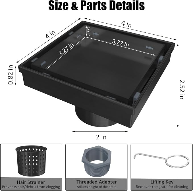 4 Inch Tile-in Square Shower Floor Drain, Matte Black | SUS 304 Stainless Steel, Removable Grate & Hair Strainer Design, for Bathroom, Kitchen, Balcony, Garage, Basement, Toilet