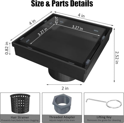 4 Inch Tile-in Square Shower Floor Drain, Matte Black | SUS 304 Stainless Steel, Removable Grate & Hair Strainer Design, for Bathroom, Kitchen, Balcony, Garage, Basement, Toilet