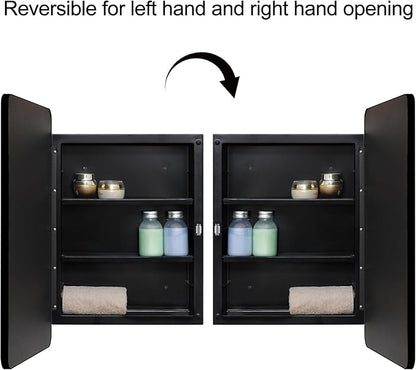 Fundin Plastic Black Medicine Cabinet, Mirror Door with Round Corner Metal Frame, Recessed and Surface Mount Bathroom Medicine Cabinet, 16 x 22 inch Mirror Size