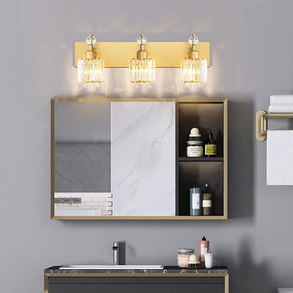 PRESDE Crystal 3 Light Vanity Light for Bathroom Gold Bathroom Lights Fixtures Over Mirror Modern Wall Sconce Lamp