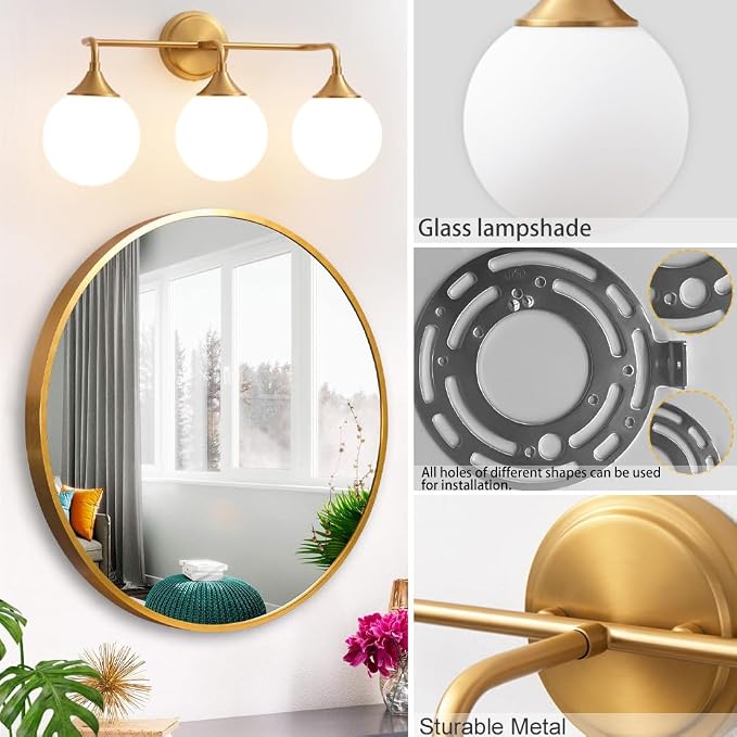 Brushed Gold Bathroom Light Fixtures Over Mirror Vanity 3-Light | Mid Century Modern Brushed Gold Wall Sconce with Milky White Glass Ball Shades for for Bathroom Dressing Table Bedroom