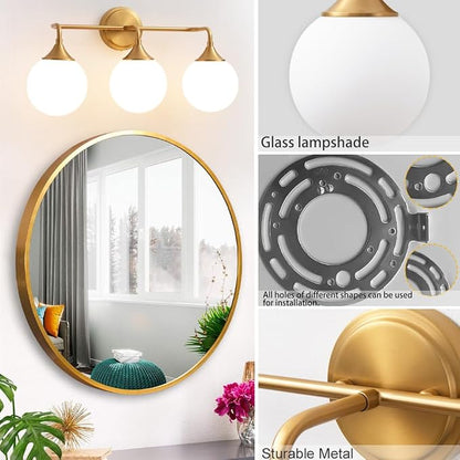 Brushed Gold Bathroom Light Fixtures Over Mirror Vanity 3-Light | Mid Century Modern Brushed Gold Wall Sconce with Milky White Glass Ball Shades for for Bathroom Dressing Table Bedroom