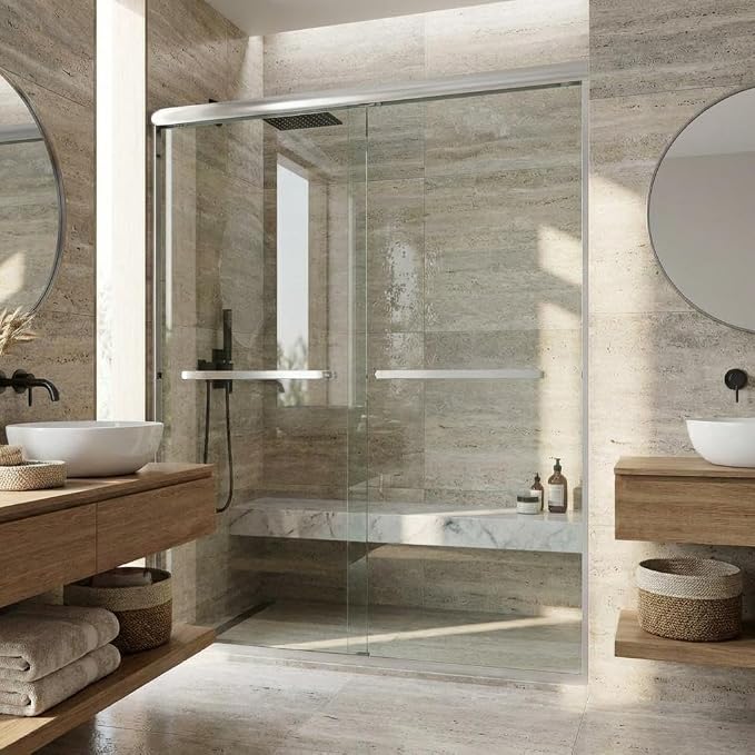 44-48" W x 72" H Fully Framed Sliding Shower Door, Dual 5/16" (8mm) Tempered Glass with Easy-Clean Coating, Brushed Nickel Aluminum Frame & Square Track, Bypass Space-Saver for Bathroom