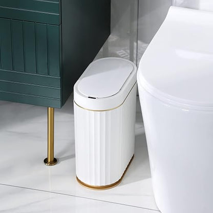 ELPHECO Bathroom Trash Can with Lid, 2 Gallon, Motion Sensor, White Gold | Automatic Garbage Can, IPX5 Waterproof Plastic Wastebasket, Trash Bin for Bathroom, Bedroom, Kitchen and Office