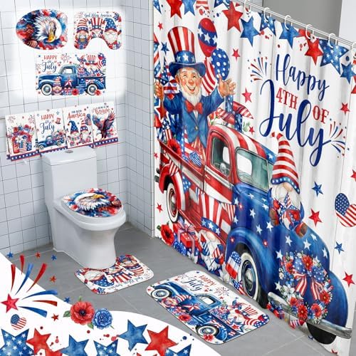 FuWeave 8 Pcs 4th of July Shower Curtain Set, Patriotic Gnome & Truck Bathroom Decor, 250th Anniversary White Red Blue American Flag, Includes Towels, Non-Slip Rugs, Toilet Lid Cover & 12 Hooks