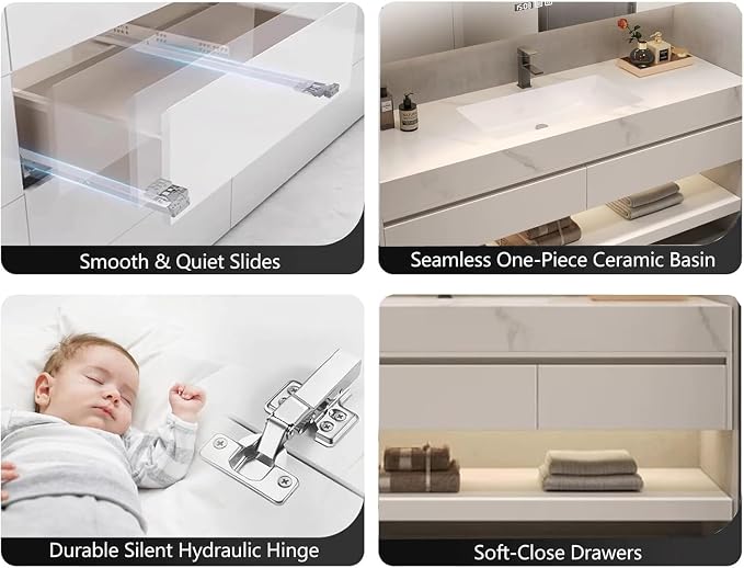 40" Bathroom Vanity with Sink, Single Sink Bathroom Vanity with Smart LED Defog Mirror, Ceramic Sink, Wall Mounted Floating, Soft Closing, Fully Pre-Assembled, Ample Storage, Mirror Set