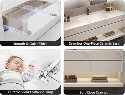 56" Bathroom Vanity with Sink, Double Sink Bathroom Vanity with Smart LED Defog Mirror, Display Time, Ceramic Sink, Soft Closing, Fully Pre-Assembled, Ample Storage, Medicine Cabinet Set