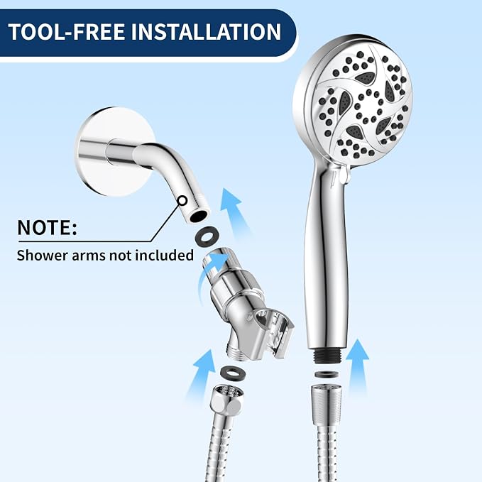6-Mode Shower Head with Handheld, High Pressure Hand held Shower Head | 3.94 Inch Chrome Handheld Spray with 59 Inch Stainless Steel Hose and Adjustable Showerhead Holder, Tool-free Installation