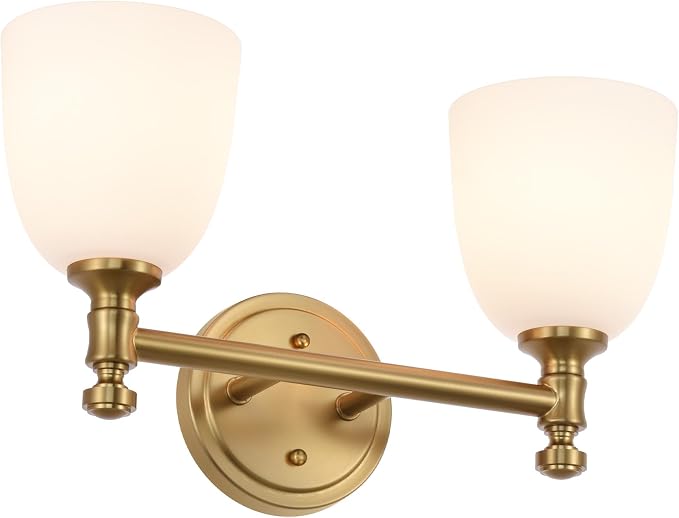 Gold Bathroom Vanity Light Fixtures, 2-Light Over Mirror, Traditional Vanity Lights for Living Room, Milk White Glass Shades, Standard E26 Base, Aged Brass, 16.3" W x 9.4" H x 6.25" D