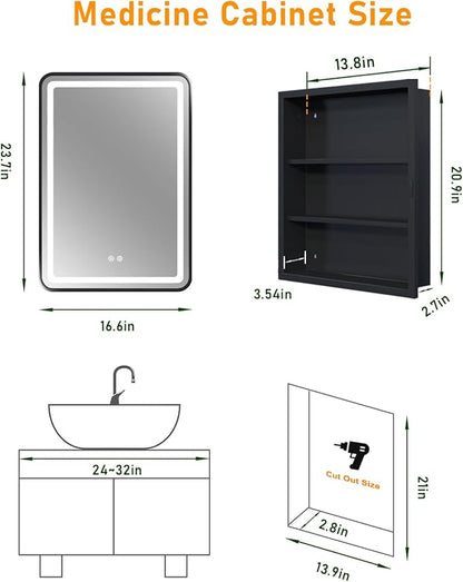 16x24 Inch LED Medicine Cabinet Mirror, Bathroom Mirror with Lights and Storage Wall Mounted & Recessed with Anti-Fog, Dimmable 3 Color Light with Memory, 2 Shelves & 1 Organizer Box, Left Hinge