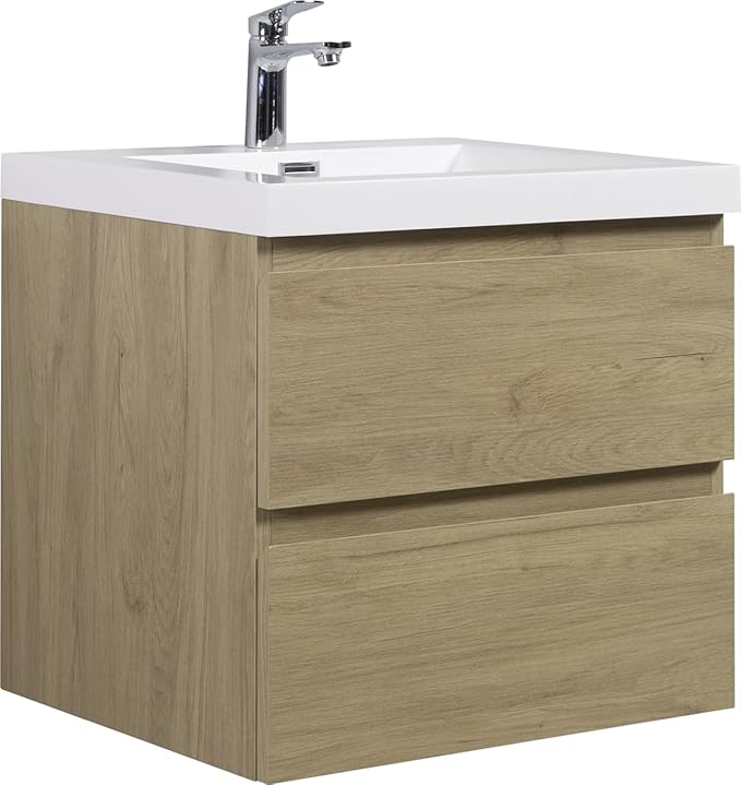 Floating Bathroom Vanity with Sink, 24" Wall-Mounted Bathroom Storage Vanity Cabinet with Resin Top Basin and Soft Close Drawers, No Assembly Required, Natural Oak