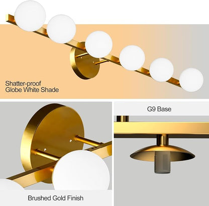 Lightdot 6 Light Bathroom Vanity Light, 38" Modern Gold Vanity Lights with Globe Water/Shatterproof PC Lampshade, Rust-Proof Bathroom Light Fixtures Over Mirror for Kitchen Hallway Cabinet Porch
