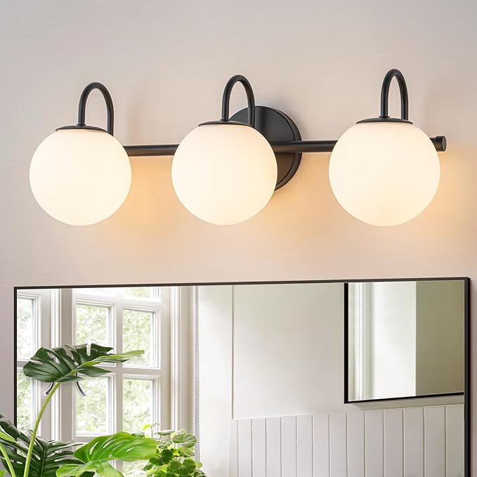 Milk Glass Vanity Light, 22.6" Modern Bathroom Light Fixtures Mid-Century Globe Vanity Light 3-Light Glass Wall Sconce Black | Mid-Century Globe Vanity Light 3-Light Bathroom Vanity Light, Up/Down Mounting Design, Glass Wall Sconce for Bathroom Hallway