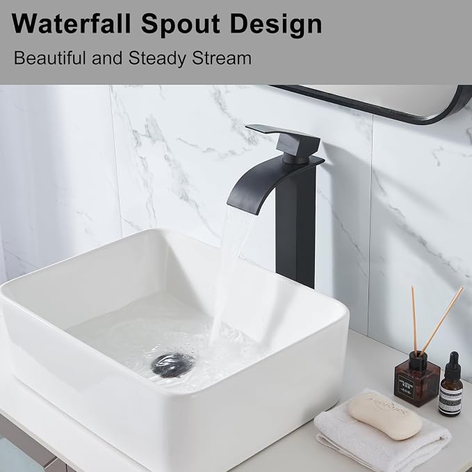 Vessel Sink Faucet, Tall Matte Black Waterfall Bathroom Faucet Single Handle One Hole Stainless Steel Mixer Tap Bowl Lavatory Vanity Faucet UF-FJT016B