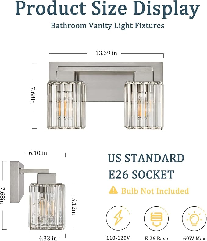 Brushed Nickel Bathroom Light Fixtures, 2-Light Vanity Light Over Mirror | Wall Sconces with Square Crystal Shades, E26 Socket, Modern Vanity Lights for Bathroom (Bulbs Not Included)