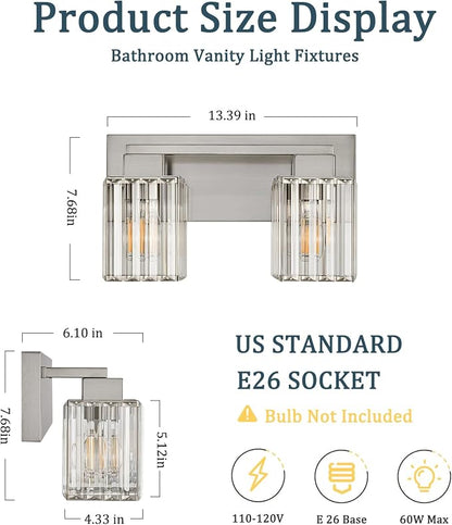 Brushed Nickel Bathroom Light Fixtures, 2-Light Vanity Light Over Mirror | Wall Sconces with Square Crystal Shades, E26 Socket, Modern Vanity Lights for Bathroom (Bulbs Not Included)