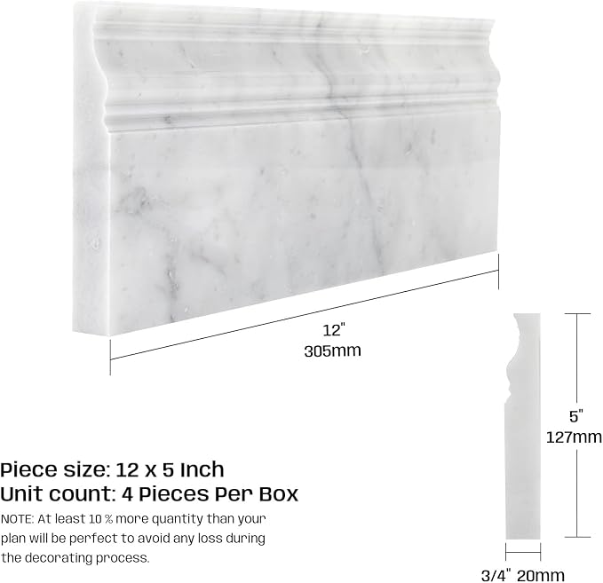 Carrara White Marble Baseboard Trim Molding, Polished, 4 Pcs | 5"x12"Marble Wall Skirting Base Trim Moulding for Shower Bathroom Kitchen Backsplash, Protects Wall, Easy to Install, Durable
