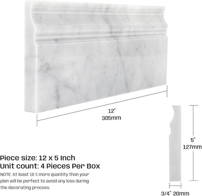 Carrara White Marble Baseboard Trim Molding, Polished, 4 Pcs | 5"x12"Marble Wall Skirting Base Trim Moulding for Shower Bathroom Kitchen Backsplash, Protects Wall, Easy to Install, Durable