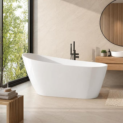 59 Inch Acrylic Freestanding Bathtub, Deep Soaking Tub with Non-Slip Base, cUPC Certified Free Standing Modern Bath Tub with Chrome Drain, Easy-Clean White Soaking Tub for Bathroom, Home Spa