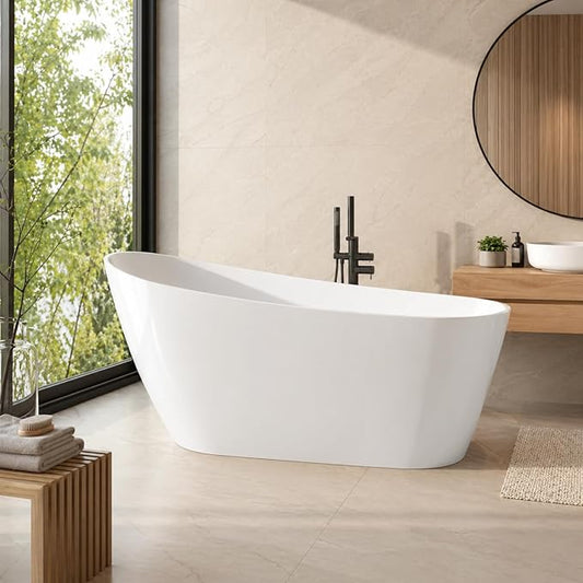 59 Inch Acrylic Freestanding Bathtub, Deep Soaking Tub with Non-Slip Base, cUPC Certified Free Standing Modern Bath Tub with Chrome Drain, Easy-Clean White Soaking Tub for Bathroom, Home Spa