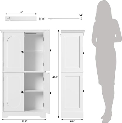 HAIOOU Bathroom Floor Cabinet with Motion Sensor Light, Modern Bathroom Storage Cabinet with Adjustable Glass Shelf, 4 Doors, Ample Storage for Hallway, Laundry Room, Living Room - White
