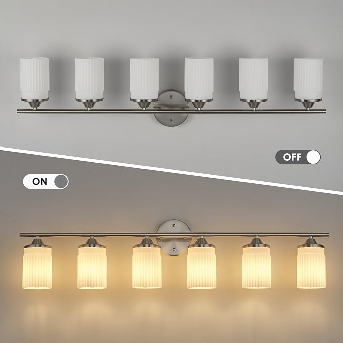Jonsi Nickel Bathroom Light Fixtures 6-Light Vanity Lights Modern Wall Sconce with Milk White Shade Brushed Nickel Bathroom Light Fixture Over Mirror for Bedroom Hallway Kitchen