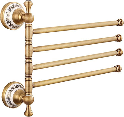 Swivel Towel Rack for Bathroom, Antique Bronze Folding 4 Arms Hand Towel Bars Towel Hanger for Laundry, Wall Mount Storage Space Saving,Porcelain Design