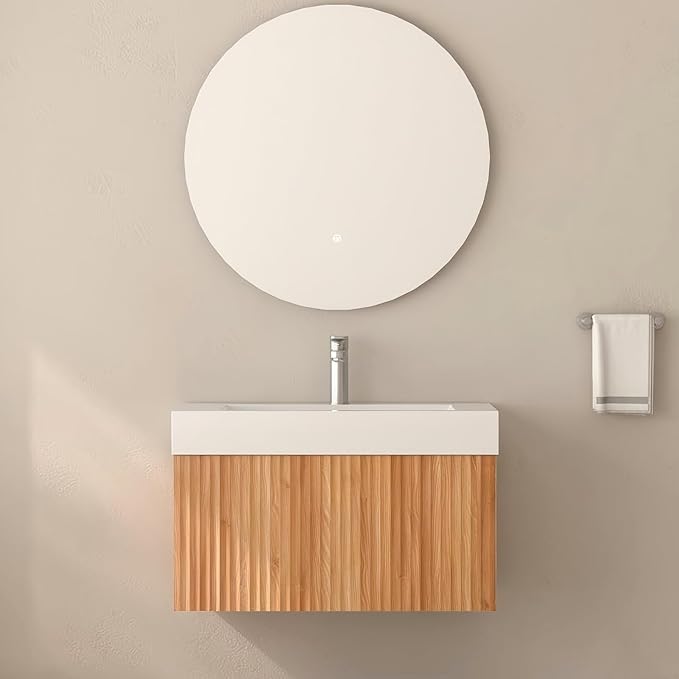Floating Bathroom Vanity with Sink, Nature Soild Wood Cabinet with Ceramic Basin, Extra Large Storage Drawer & Pre-Assembled Vanities for Bathroom, Powder Room (Nature C Style, 30“)