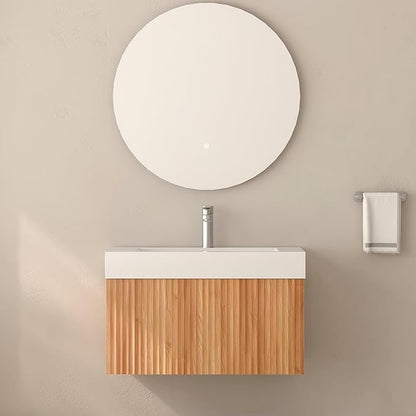Floating Bathroom Vanity with Sink, Nature Soild Wood Cabinet with Ceramic Basin, Extra Large Storage Drawer & Pre-Assembled Vanities for Bathroom, Powder Room (Nature C Style, 30“)