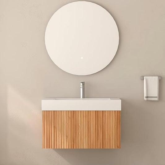 Floating Bathroom Vanity with Sink, Nature Soild Wood Cabinet with Ceramic Basin, Extra Large Storage Drawer & Pre-Assembled Vanities for Bathroom, Powder Room (Nature C Style, 30“)